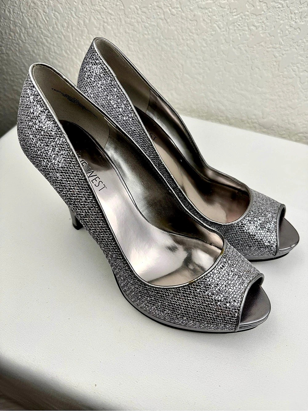 Nine West | Silver Glitter Peep Toe Platform Stiletto Pumps | Size 7